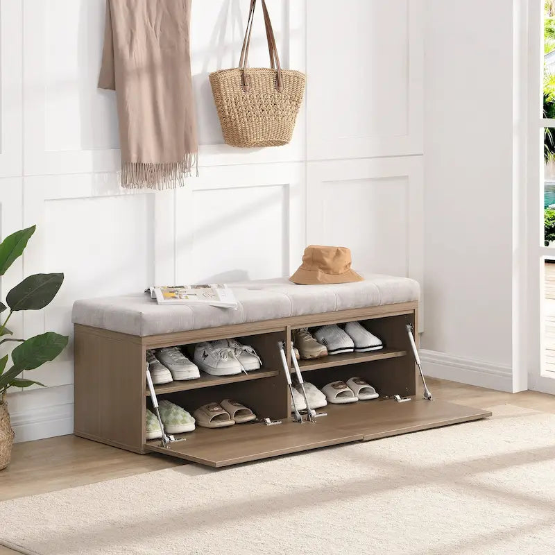Banc à chaussures Meuble de rangement pour chaussures d'entrée Ottomane de rangement avec coussin rembourré et portes doubles pour l'entrée