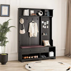 Porte-manteau multifonctionnel avec banc à chaussures, panneau perforé et grand espace de rangement