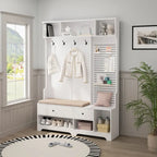 Porte-manteau multifonctionnel avec banc à chaussures, panneau perforé et grand espace de rangement