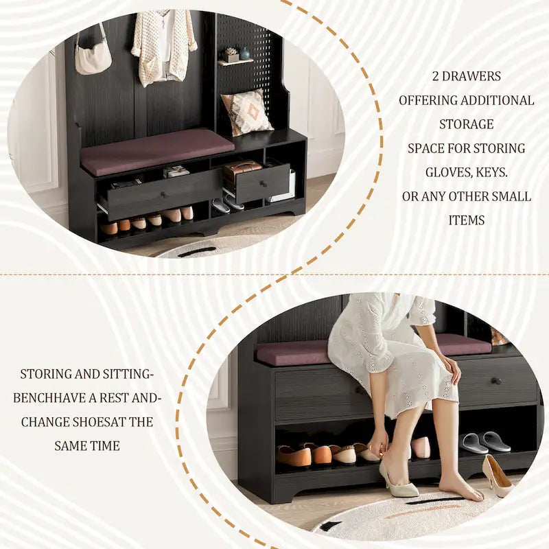 Porte-manteau multifonctionnel avec banc à chaussures, panneau perforé et grand espace de rangement