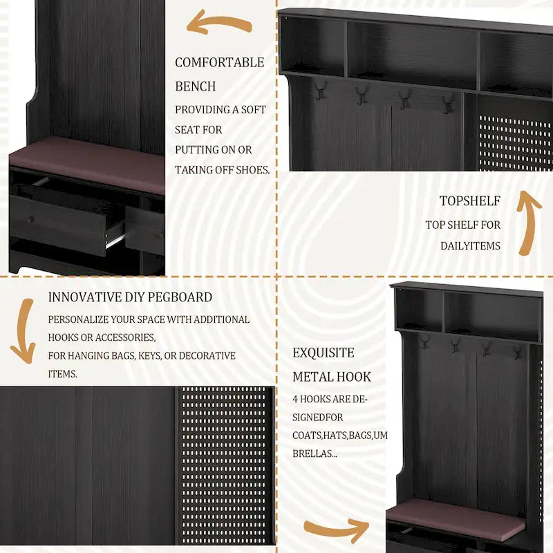 Porte-manteau multifonctionnel avec banc à chaussures, panneau perforé et grand espace de rangement