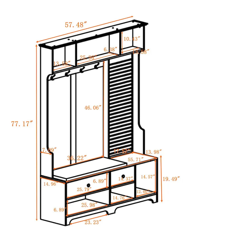 Porte-manteau multifonctionnel avec banc à chaussures, panneau perforé et grand espace de rangement
