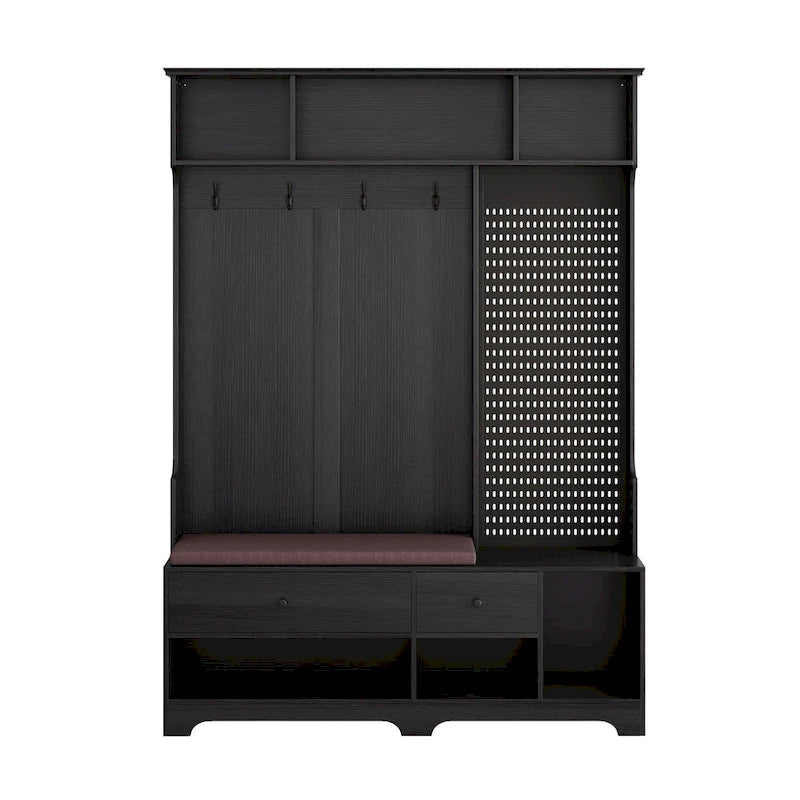 Porte-manteau multifonctionnel avec banc à chaussures, panneau perforé et grand espace de rangement