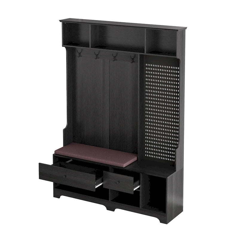 Porte-manteau multifonctionnel avec banc à chaussures, panneau perforé et grand espace de rangement