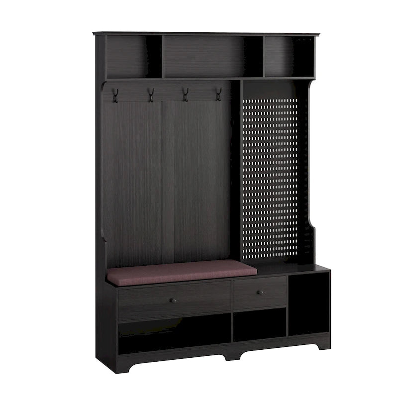 Porte-manteau multifonctionnel avec banc à chaussures, panneau perforé et grand espace de rangement
