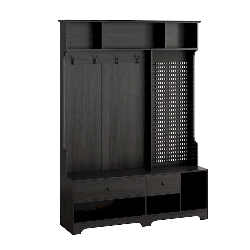 Porte-manteau multifonctionnel avec banc à chaussures, panneau perforé et grand espace de rangement