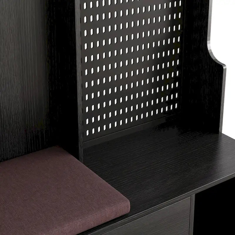 Porte-manteau multifonctionnel avec banc à chaussures, panneau perforé et grand espace de rangement