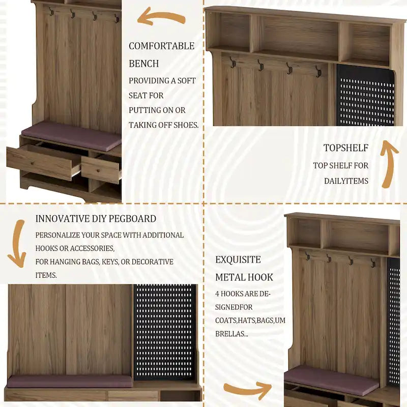 Porte-manteau multifonctionnel avec banc à chaussures, panneau perforé et grand espace de rangement
