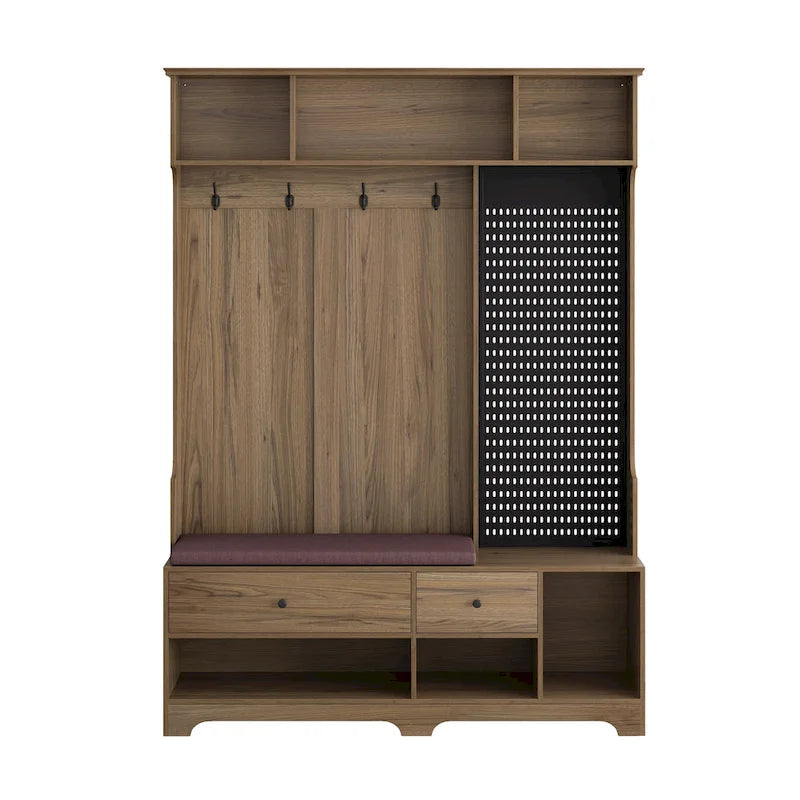 Porte-manteau multifonctionnel avec banc à chaussures, panneau perforé et grand espace de rangement