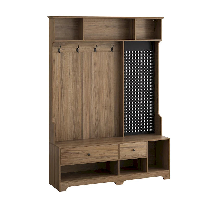 Porte-manteau multifonctionnel avec banc à chaussures, panneau perforé et grand espace de rangement