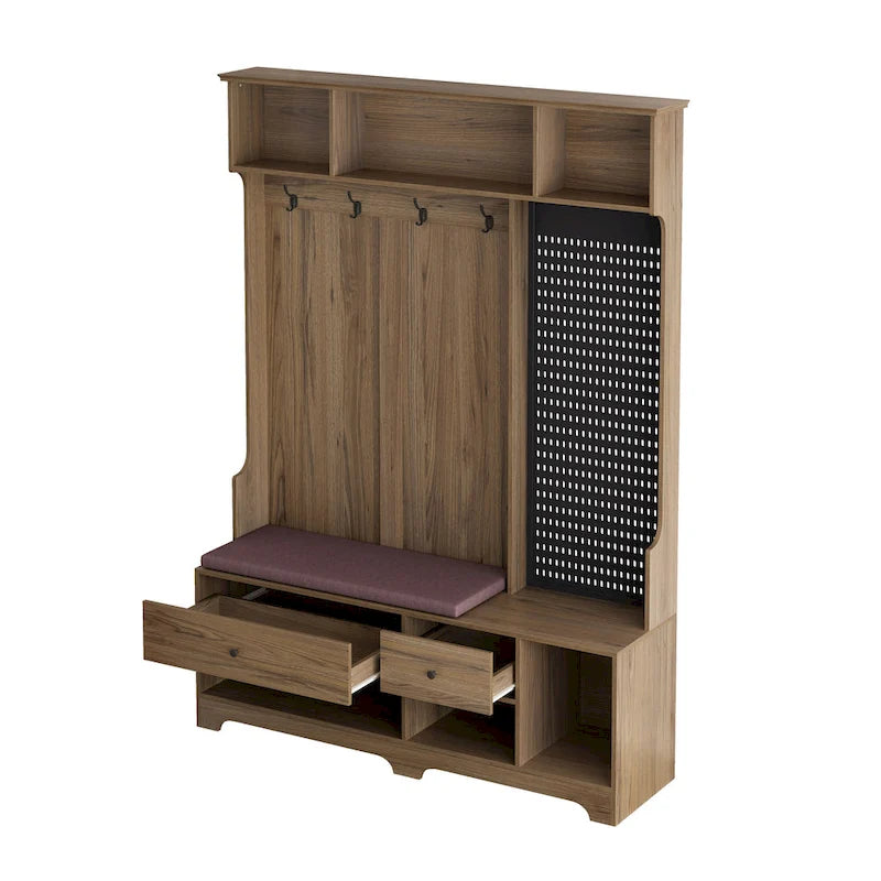 Porte-manteau multifonctionnel avec banc à chaussures, panneau perforé et grand espace de rangement