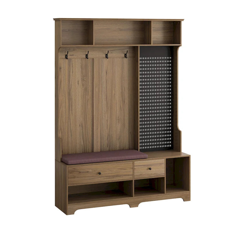 Porte-manteau multifonctionnel avec banc à chaussures, panneau perforé et grand espace de rangement