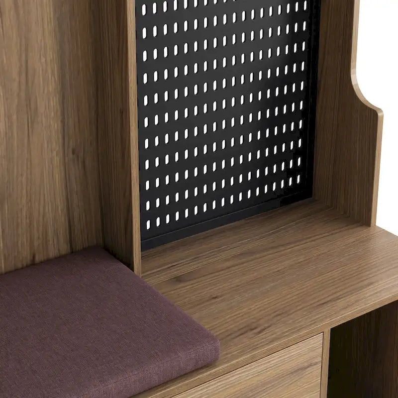 Porte-manteau multifonctionnel avec banc à chaussures, panneau perforé et grand espace de rangement