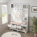 Porte-manteau multifonctionnel avec banc à chaussures, panneau perforé et grand espace de rangement