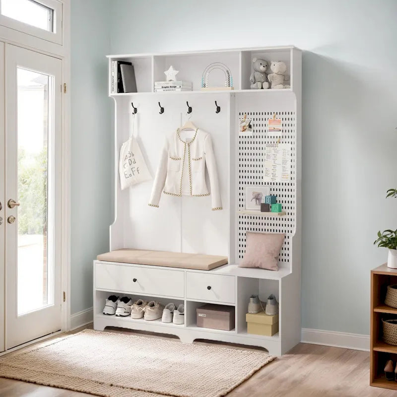 Porte-manteau multifonctionnel avec banc à chaussures, panneau perforé et grand espace de rangement