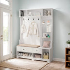 Porte-manteau multifonctionnel avec banc à chaussures, panneau perforé et grand espace de rangement