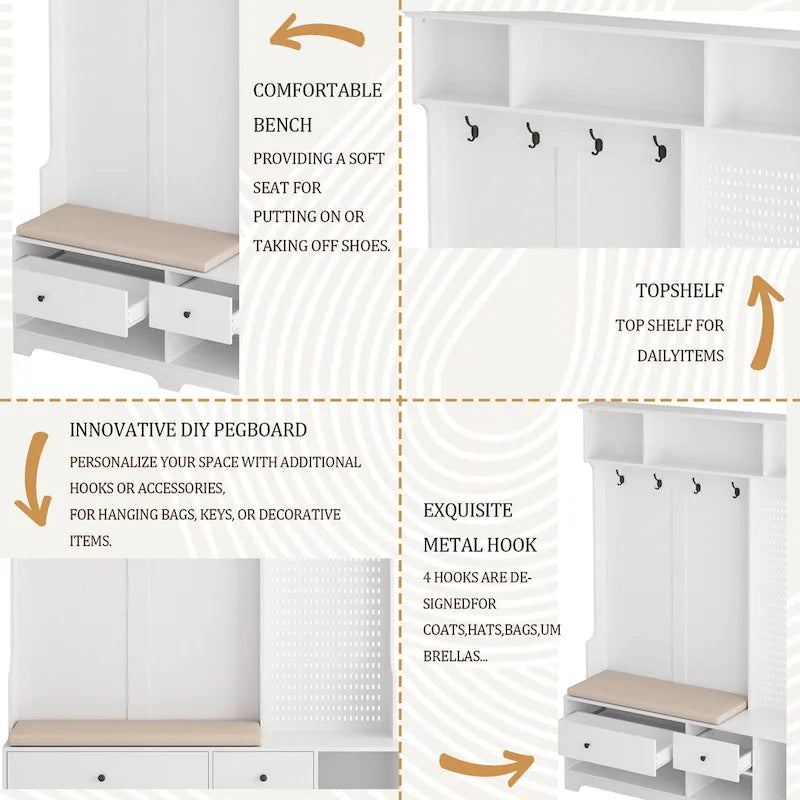 Porte-manteau multifonctionnel avec banc à chaussures, panneau perforé et grand espace de rangement