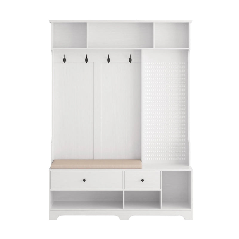 Porte-manteau multifonctionnel avec banc à chaussures, panneau perforé et grand espace de rangement
