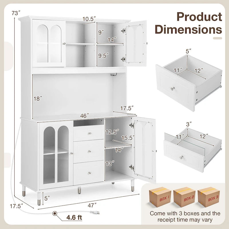 Armoire de cuisine haute de 73" avec lumières LED et prise de courant