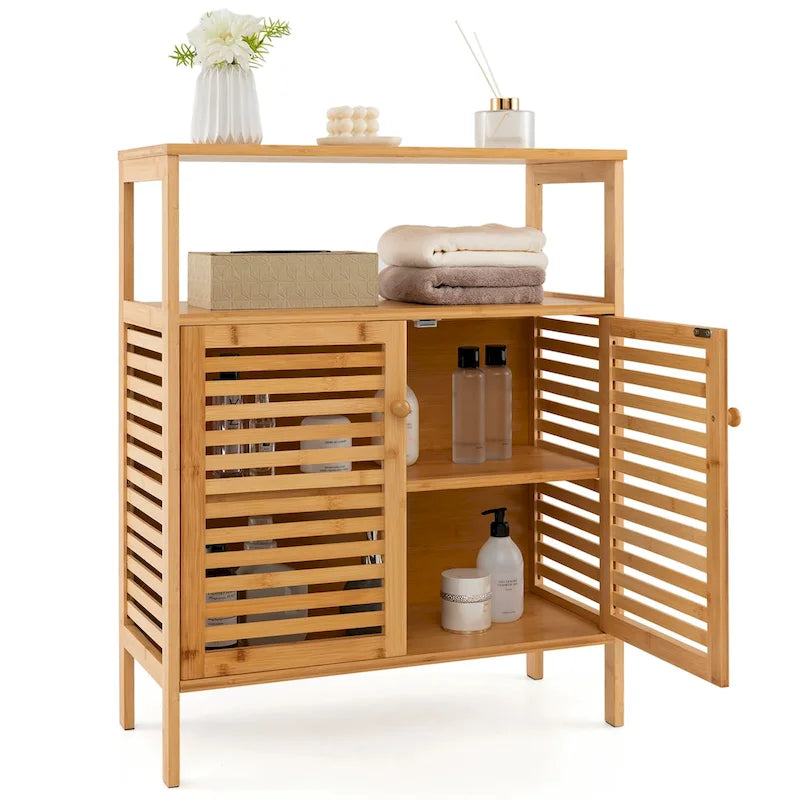 Meuble de rangement en bambou avec double porte à persiennes et étagère ouverte