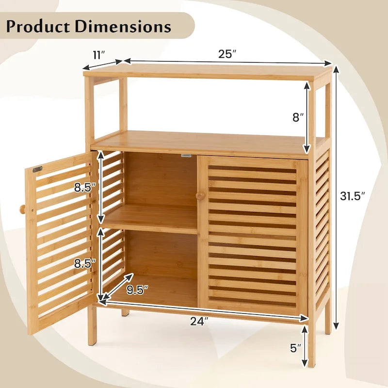 Meuble de rangement en bambou avec double porte à persiennes et étagère ouverte