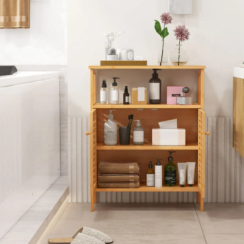 Meuble de rangement en bambou avec double porte à persiennes et étagère ouverte
