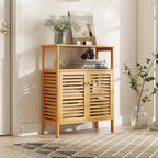 Meuble de rangement en bambou avec double porte à persiennes et étagère ouverte