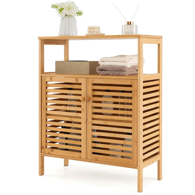 Meuble de rangement en bambou avec double porte à persiennes et étagère ouverte