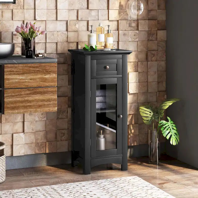 Meuble bas de salle de bain avec porte vitrée simple et tiroir