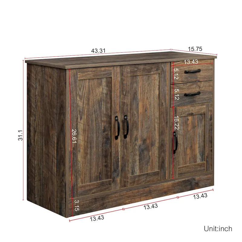 Buffet de rangement de 47 po avec deux armoires et serveur de salle à manger