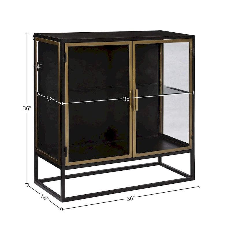 Bahut à 2 portes en fer et verre de 91 cm, bronze et laiton