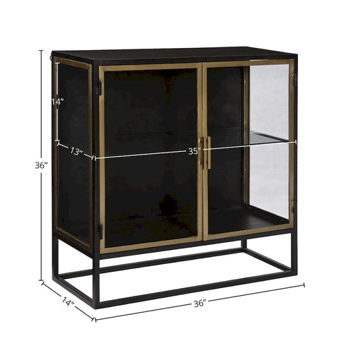 Bahut à 2 portes en fer et verre de 91 cm, bronze et laiton