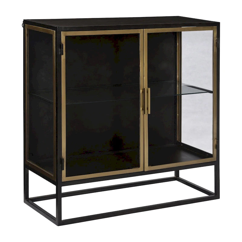 Bahut à 2 portes en fer et verre de 91 cm, bronze et laiton