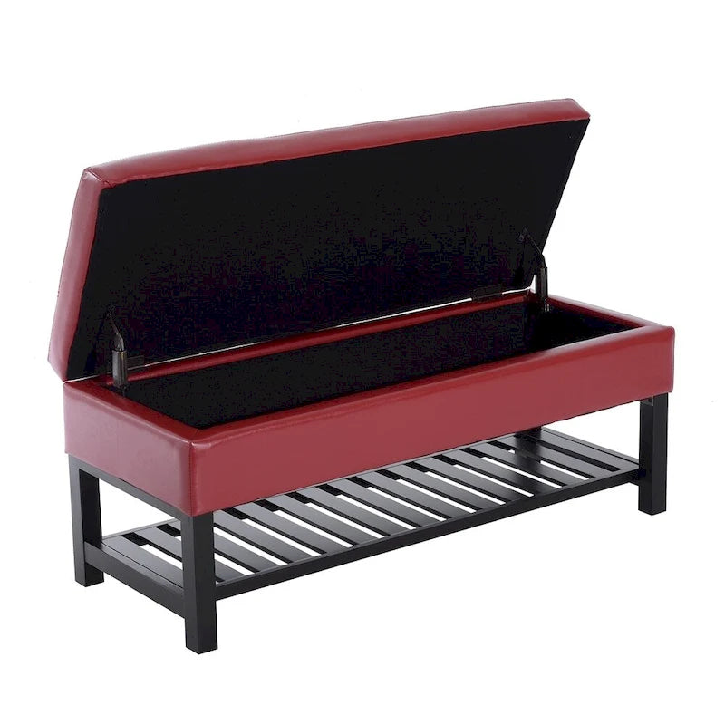 Banc de rangement ottoman capitonné en similicuir rouge de 112 cm pour chaussures