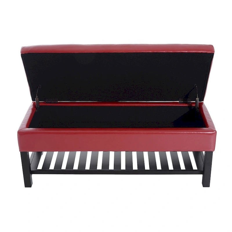 Banc de rangement ottoman capitonné en similicuir rouge de 112 cm pour chaussures