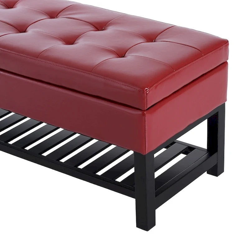 Banc de rangement ottoman capitonné en similicuir rouge de 112 cm pour chaussures