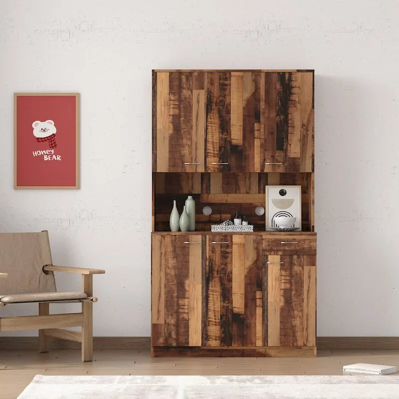 Armoire haute et meuble de cuisine de 179,90 cm, avec 6 portes, 1 étagère ouverte et 1 tiroir pour chambre à coucher