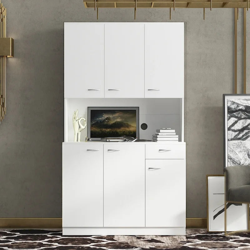 Armoire haute et meuble de cuisine de 179,90 cm, avec 6 portes, 1 étagère ouverte et 1 tiroir pour chambre à coucher