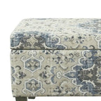 Banc de rangement capitonné en tissu à motif médaillon, grand, bleu et crème