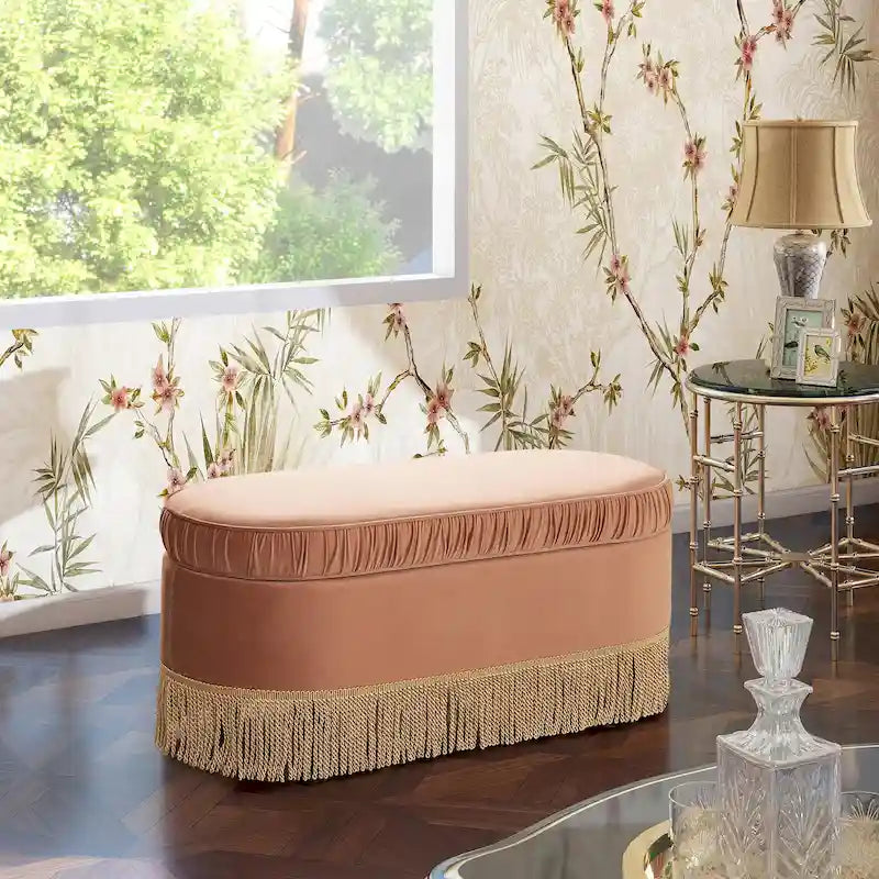 Banc de rangement ottoman ovale ruché de 38 po avec franges à pompons