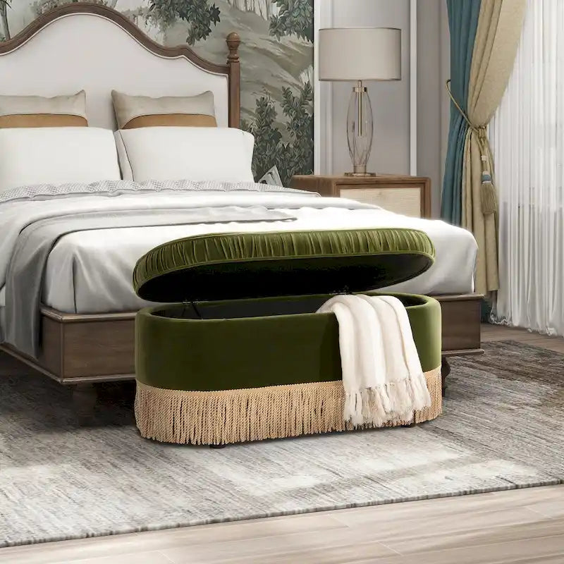 Banc de rangement ottoman ovale ruché de 38 po avec franges à pompons