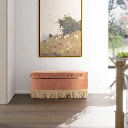 Banc de rangement ottoman ovale ruché de 38 po avec franges à pompons