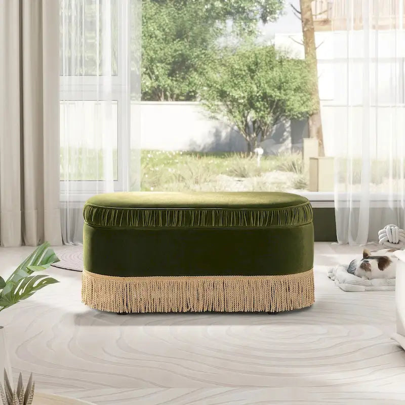 Banc de rangement ottoman ovale ruché de 38 po avec franges à pompons