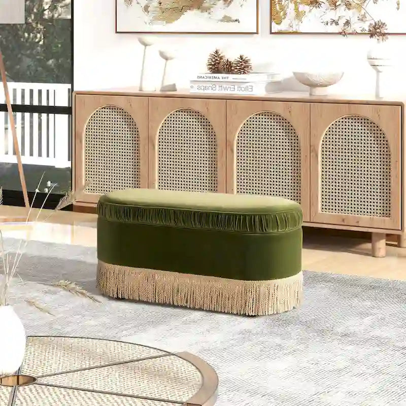Banc de rangement ottoman ovale ruché de 38 po avec franges à pompons