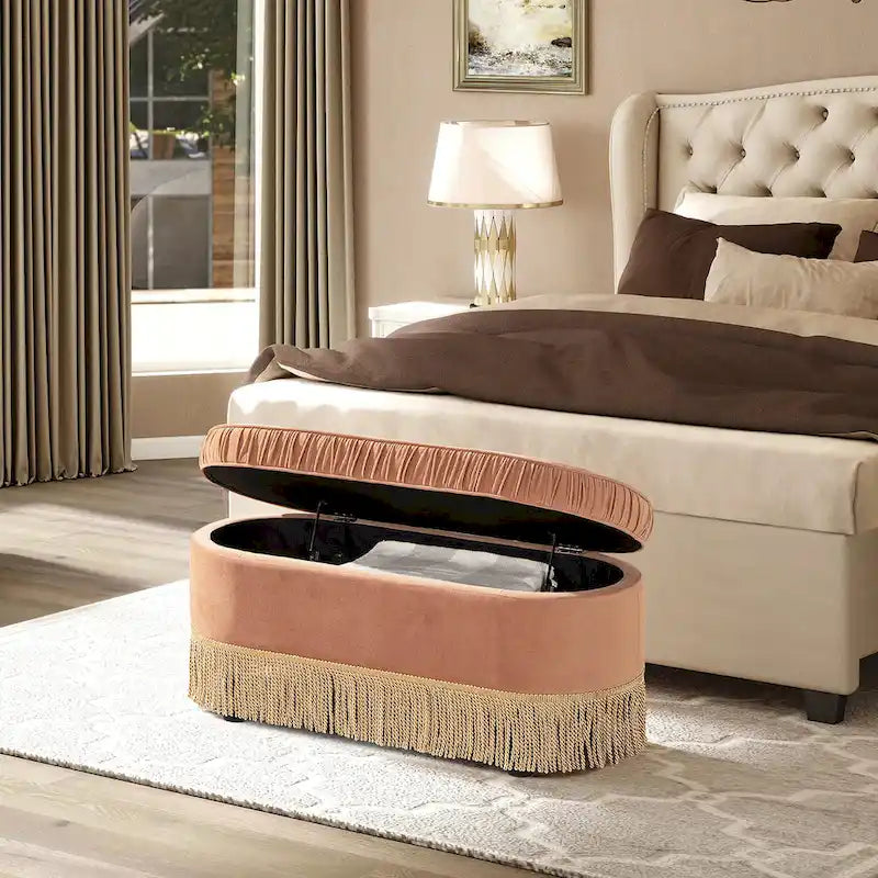 Banc de rangement ottoman ovale ruché de 38 po avec franges à pompons
