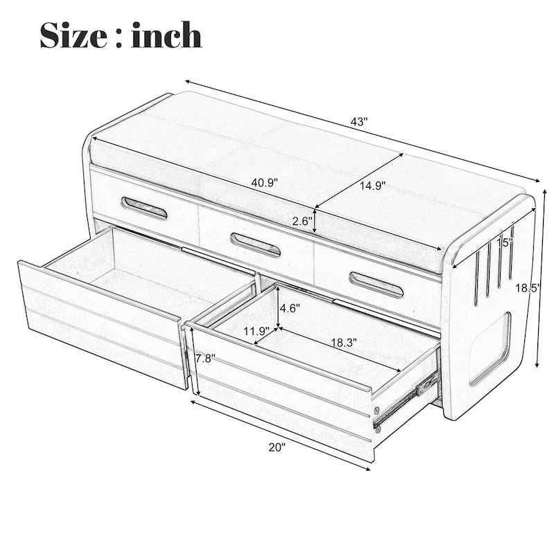 Banc de rangement rustique avec 2 tiroirs et espace de rangement dissimulé