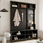 Meuble d'entrée avec banc à chaussures, porte-manteau, rangement à chaussures, étagères de rangement et panneau perforé, pour couloirs, halls et chambres, noir
