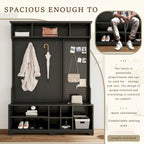 Meuble d'entrée avec banc à chaussures, porte-manteau, rangement à chaussures, étagères de rangement et panneau perforé, pour couloirs, halls et chambres, noir