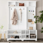 Meuble d'entrée avec banc à chaussures, porte-manteau, rangement à chaussures, étagères de rangement et panneau perforé, pour couloirs, halls et chambres, noir