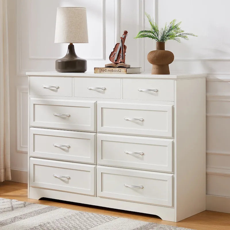 Commode de chambre à coucher, commode longue à 9 tiroirs avec poignées antiques, commode en bois pour chambre d'enfant, salon, entrée et couloir